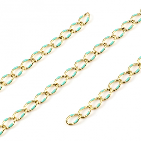 Picture of Brass Chain Findings Enamel Link Curb Chain Findings Oval Gold Plated Green 11x7mm, 1 M                                                                                                                                                                       
