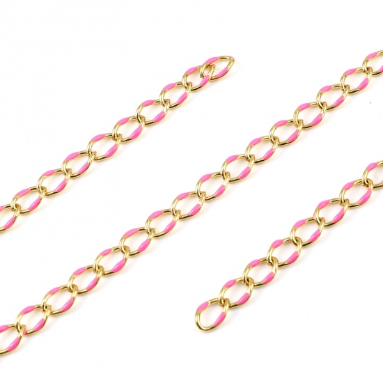 Immagine di Ottone Catena Smalto Catena Singolare Accessori Ovale Oro Placcato Fluorescente Rosa 11x7mm, 1 M                                                                                                                                                              