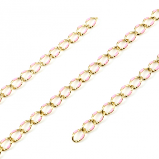 Picture of Brass Chain Findings Enamel Link Curb Chain Findings Oval Gold Plated Pink 11x7mm, 1 M                                                                                                                                                                        