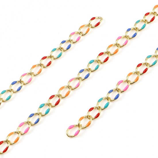 Picture of Brass Chain Findings Enamel Link Curb Chain Findings Oval Gold Plated Multicolor 11x7mm, 1 M                                                                                                                                                                  