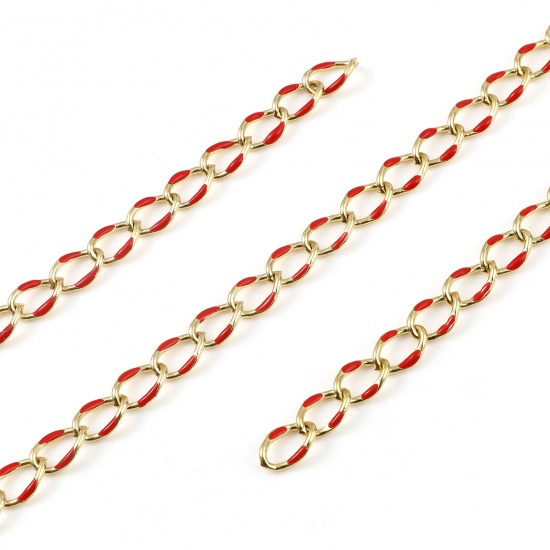 Picture of Brass Chain Findings Enamel Link Curb Chain Findings Oval Gold Plated Red 11x7mm, 1 M                                                                                                                                                                         