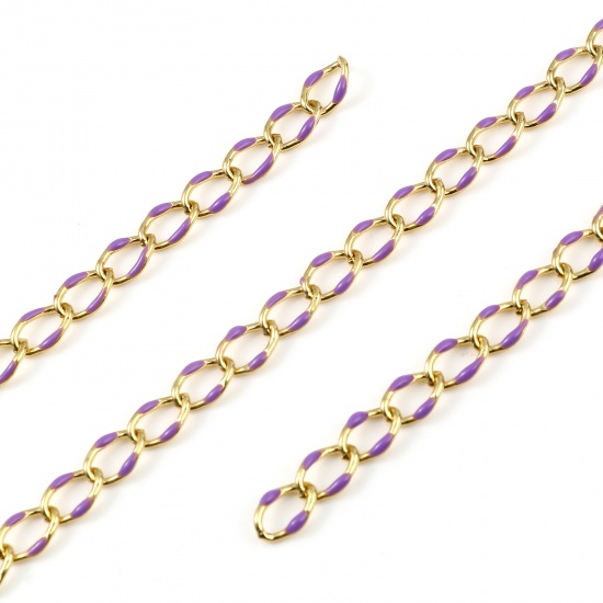 Picture of Brass Chain Findings Enamel Link Curb Chain Findings Oval Gold Plated Purple 11x7mm, 1 M                                                                                                                                                                      