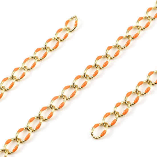 Picture of Brass Chain Findings Enamel Link Curb Chain Findings Oval Gold Plated Orange 11x7mm, 1 M                                                                                                                                                                      