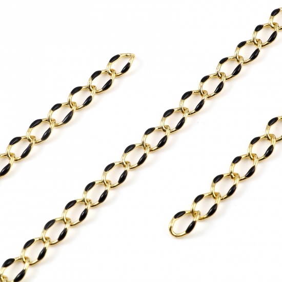 Picture of Brass Chain Findings Enamel Link Curb Chain Findings Oval Gold Plated Black 11x7mm, 1 M                                                                                                                                                                       