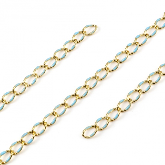 Picture of Brass Chain Findings Enamel Link Curb Chain Findings Oval Gold Plated Light Blue 11x7mm, 1 M                                                                                                                                                                  