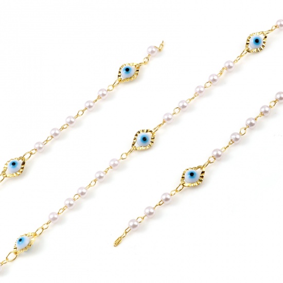 Picture of Brass & Acrylic Religious Chain Findings Enamel Imitation Pearl Marquise Evil Eye Gold Plated White 9x6mm, 1 M                                                                                                                                                