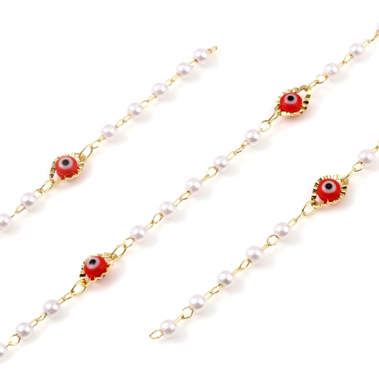 Picture of Brass & Acrylic Religious Chain Findings Enamel Imitation Pearl Marquise Evil Eye Gold Plated Red 9x6mm, 1 M                                                                                                                                                  