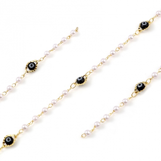 Picture of Brass & Acrylic Religious Chain Findings Enamel Imitation Pearl Marquise Evil Eye Gold Plated Black 9x6mm, 1 M                                                                                                                                                