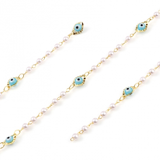 Picture of Brass & Acrylic Religious Chain Findings Enamel Imitation Pearl Marquise Evil Eye Gold Plated Light Blue 9x6mm, 1 M                                                                                                                                           