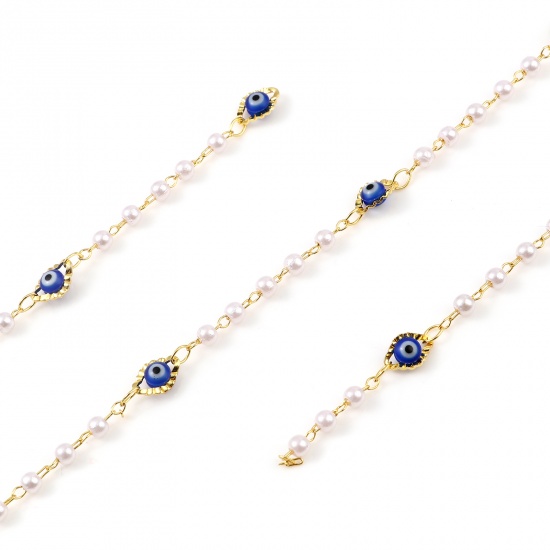 Picture of Brass & Acrylic Religious Chain Findings Enamel Imitation Pearl Marquise Evil Eye Gold Plated Dark Blue 9x6mm, 1 M                                                                                                                                            