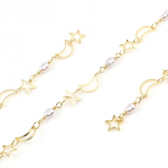 Picture of Brass & Acrylic Chain Findings Imitation Pearl Half Moon Star Gold Plated White 8mmx8mm, 1 M                                                                                                                                                                  
