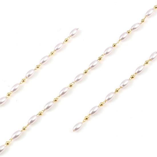 Picture of Brass & Acrylic Chain Findings Imitation Pearl Oval Gold Plated White 7x3mm, 1 M                                                                                                                                                                              