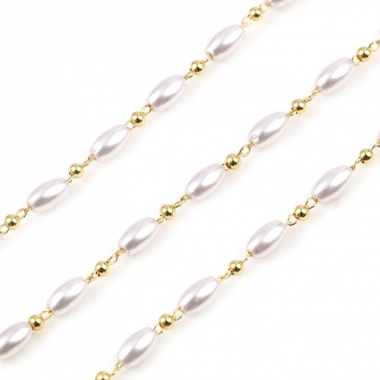 Picture of Brass & Acrylic Chain Findings Imitation Pearl Oval Gold Plated White 7x3mm, 1 M                                                                                                                                                                              