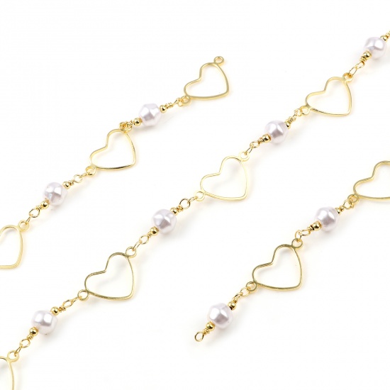 Picture of Brass & Acrylic Chain Findings Imitation Pearl Heart Gold Plated White 20x12mm, 1 M                                                                                                                                                                           