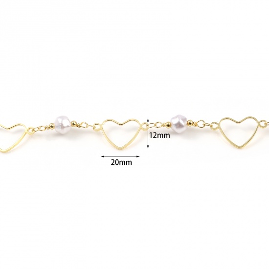 Picture of Brass & Acrylic Chain Findings Imitation Pearl Heart Gold Plated White 20x12mm, 1 M                                                                                                                                                                           