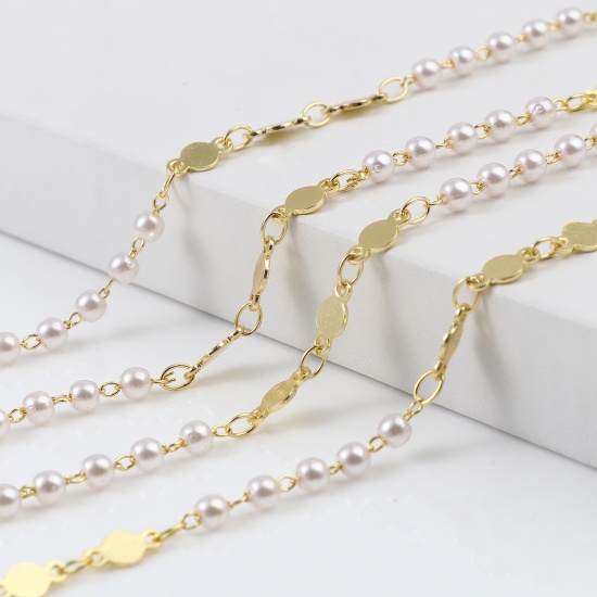 Picture of Brass & Acrylic Chain Findings Imitation Pearl Round Gold Plated White 8x4mm, 1 M                                                                                                                                                                             