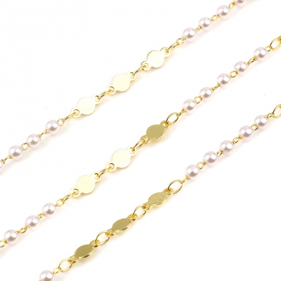 Picture of Brass & Acrylic Chain Findings Imitation Pearl Round Gold Plated White 8x4mm, 1 M                                                                                                                                                                             