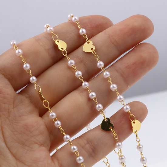 Picture of Brass & Acrylic Chain Findings Imitation Pearl Heart Gold Plated White 6x6mm, 1 M                                                                                                                                                                             
