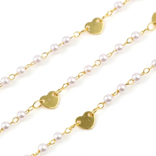 Picture of Brass & Acrylic Chain Findings Imitation Pearl Heart Gold Plated White 6x6mm, 1 M                                                                                                                                                                             