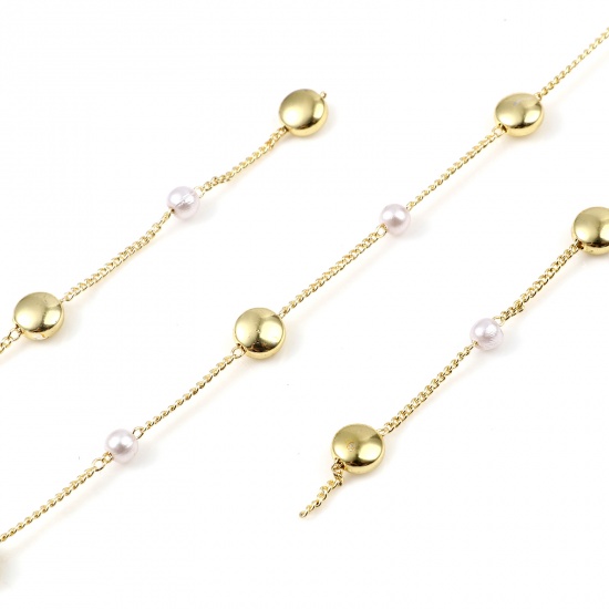 Picture of Brass & CCB Plastic Chain Findings Imitation Pearl Link Curb Chain Findings Round Gold Plated White 6mm, 1 M                                                                                                                                                  