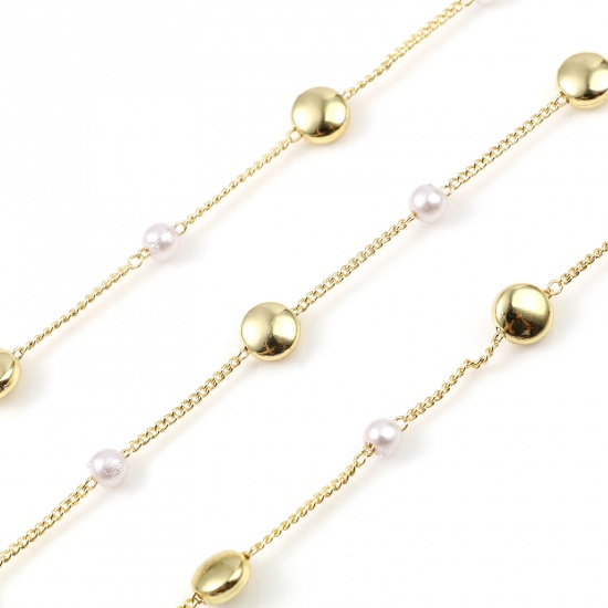 Picture of Brass & CCB Plastic Chain Findings Imitation Pearl Link Curb Chain Findings Round Gold Plated White 6mm, 1 M                                                                                                                                                  