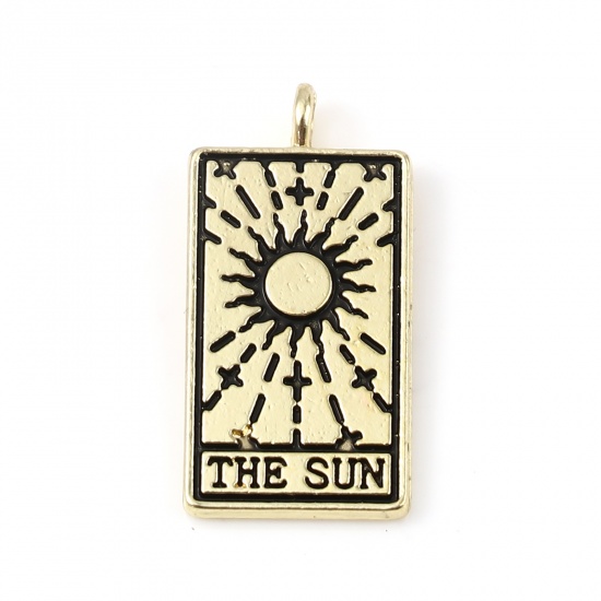 亜鉛合金 タロット チャーム 長方形 金メッキ 黒 文字 " THE SUN " 26mm x 13mm、 5 個 の画像