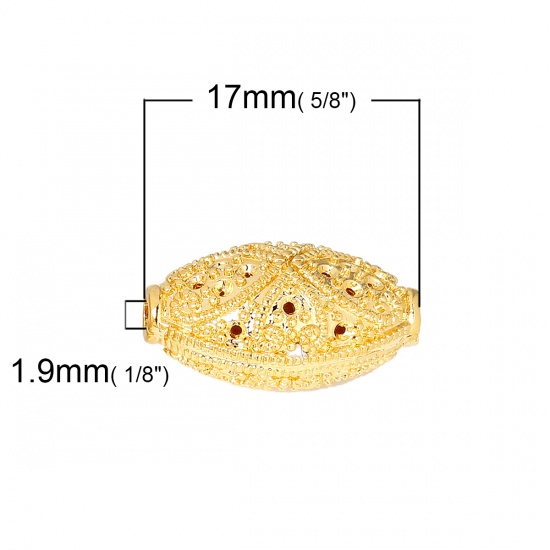 Picture of Brass Spacer Beads For DIY Charm Jewelry Making 18K Gold Color Marquise Heart 17mm x 10mm, Hole: Approx 1.9mm, 3 PCs                                                                                                                                          