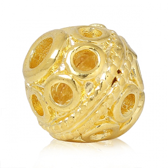 Picture of Brass Spacer Beads For DIY Jewelry Making 18K Gold Color Ball Circle Hollow 9mm Dia., Hole: Approx 2.3mm, 5 PCs