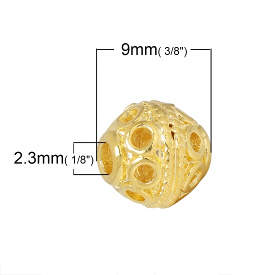 Picture of Brass Spacer Beads For DIY Jewelry Making 18K Gold Color Ball Circle Hollow 9mm Dia., Hole: Approx 2.3mm, 5 PCs