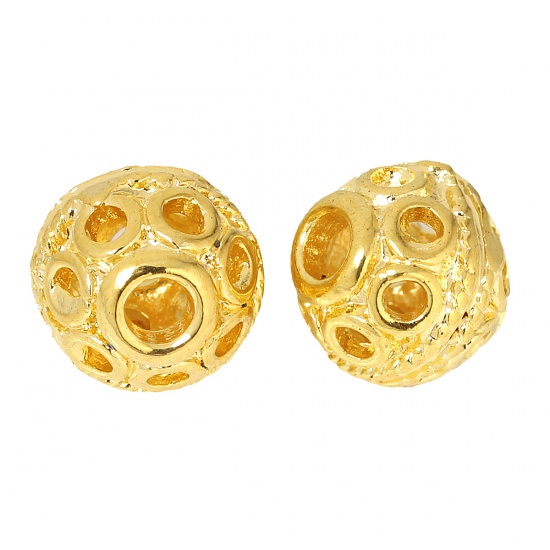 Picture of Brass Spacer Beads For DIY Jewelry Making 18K Gold Color Ball Circle Hollow 9mm Dia., Hole: Approx 2.3mm, 5 PCs