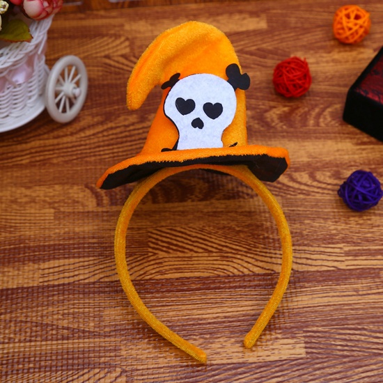 Immagine di Plastica & Velluto Fascia per Capelli Cappello da Strega di Halloween Arancione Cranio Disegno 23cm x 11.5cm, 1 Pz