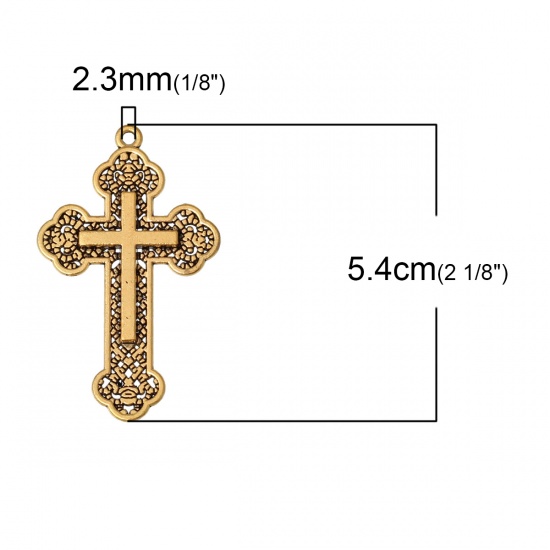 Picture of Zinc Based Alloy Easter Pendants Cross Gold Tone Antique Gold 54mm(2 1/8") x 33mm(1 2/8"), 10 PCs