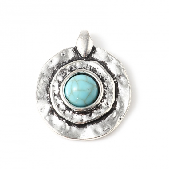 Picture of Zinc Based Alloy & Resin Boho Chic Bohemia Charms Round Antique Silver Color Green Blue Imitation Turquoise 27mm x 23mm, 5 PCs