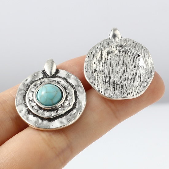 Picture of Zinc Based Alloy & Resin Boho Chic Bohemia Charms Round Antique Silver Color Green Blue Imitation Turquoise 27mm x 23mm, 5 PCs
