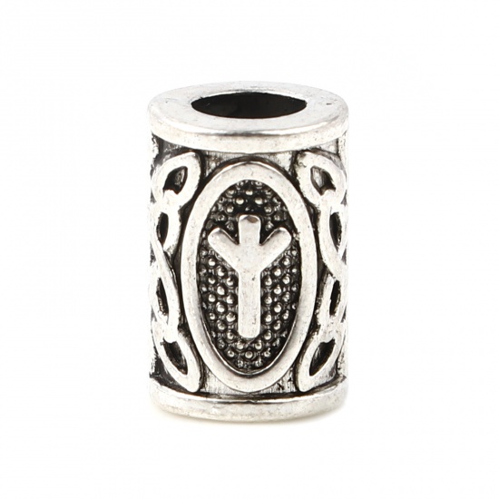 Picture of Zinc Based Alloy Spacer Hair Braiding Dreadlock Beads Cylinder Antique Silver Color Viking Rune About 13mm x 8mm, Hole: Approx 4.7mm, 30 PCs