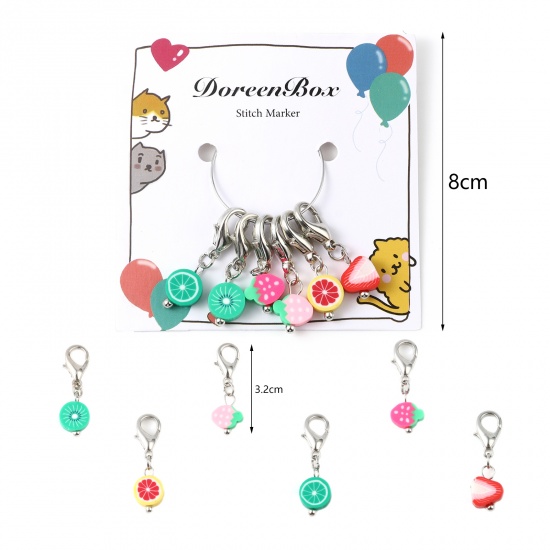 Picture of (Doreenbox)Zinc Based Alloy & Polymer Clay Knitting Stitch Markers Fruit At Random Color Mixed 32mm, 1 Set ( 6 PCs/Set)