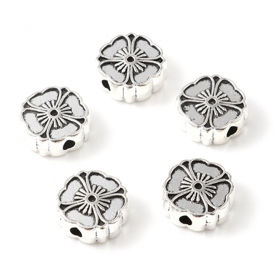 Picture of Zinc Based Alloy Spacer Beads Flower Antique Silver Color About 10mm x 10mm, Hole: Approx 1.9mm, 50 PCs