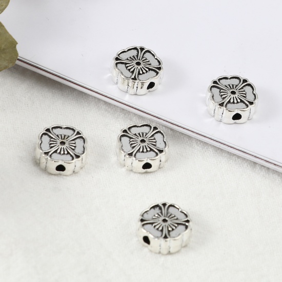 Picture of Zinc Based Alloy Spacer Beads Flower Antique Silver Color About 10mm x 10mm, Hole: Approx 1.9mm, 50 PCs
