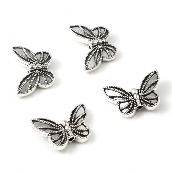 Immagine di Lega di Zinco Insetto Perline Farfalla Argento Antico Circa 20mm x 14mm, Foro:Circa 1.7mm, 50 Pz
