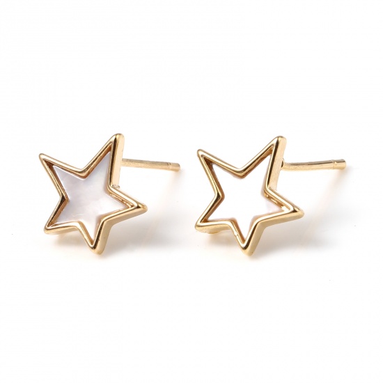 Picture of Natural Shell & Brass Ear Post Stud Earrings 18K Real Gold Plated White Star W/ Loop 11mm x 11mm, Post/ Wire Size: (20 gauge), 2 PCs