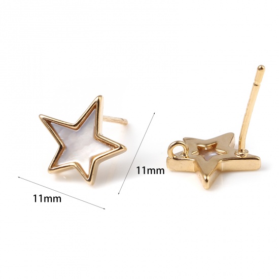 Picture of Natural Shell & Brass Ear Post Stud Earrings 18K Real Gold Plated White Star W/ Loop 11mm x 11mm, Post/ Wire Size: (20 gauge), 2 PCs