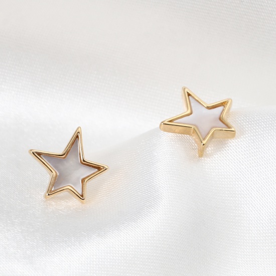 Picture of Natural Shell & Brass Ear Post Stud Earrings 18K Real Gold Plated White Star W/ Loop 11mm x 11mm, Post/ Wire Size: (20 gauge), 2 PCs