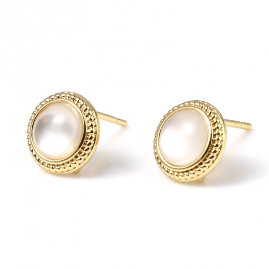 Picture of Brass & Acrylic Ear Post Stud Earrings 18K Real Gold Plated White Round W/ Loop 9mm Dia., Post/ Wire Size: (20 gauge), 2 PCs