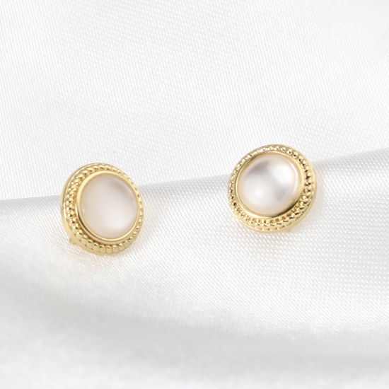 Picture of Brass & Acrylic Ear Post Stud Earrings 18K Real Gold Plated White Round W/ Loop 9mm Dia., Post/ Wire Size: (20 gauge), 2 PCs