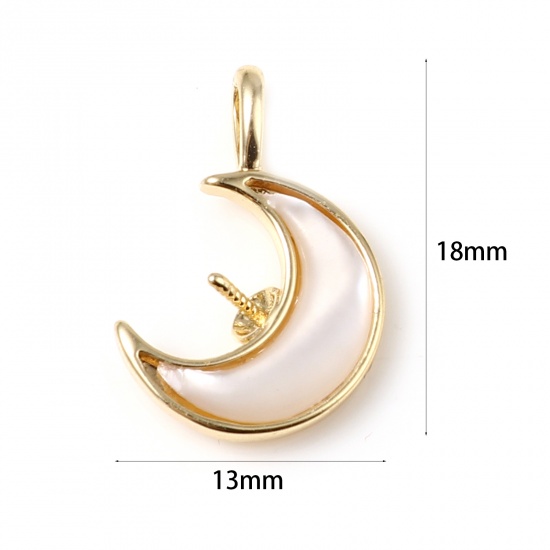 Picture of Shell & Copper Galaxy Pearl Pendant Connector Bail Pin Cap 18K Real Gold Plated White Half Moon 18mm x 13mm, 1 Piece