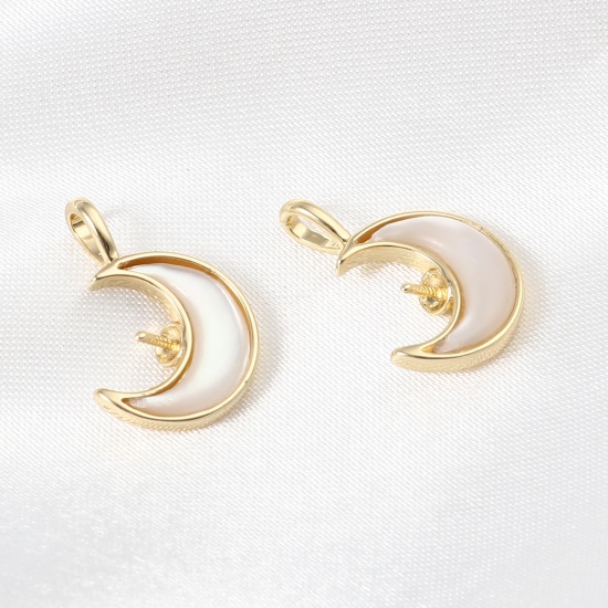 Picture of Shell & Copper Galaxy Pearl Pendant Connector Bail Pin Cap 18K Real Gold Plated White Half Moon 18mm x 13mm, 1 Piece