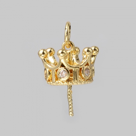 Brass Pearl Pendant Connector Bail Pin Cap 18K Real Gold Plated Crown Clear Rhinestone 18mm x 12mm, 2 PCs