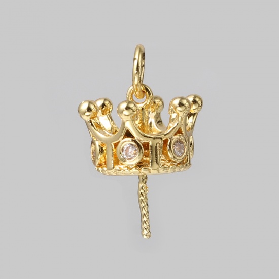 Picture of Brass Pearl Pendant Connector Bail Pin Cap 18K Real Gold Plated Crown Clear Rhinestone 18mm x 12mm, 2 PCs                                                                                                                                                     