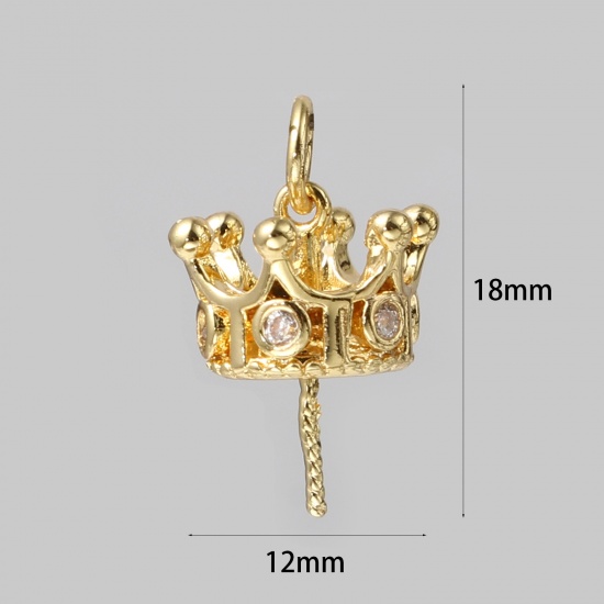 Picture of Brass Pearl Pendant Connector Bail Pin Cap 18K Real Gold Plated Crown Clear Rhinestone 18mm x 12mm, 2 PCs                                                                                                                                                     