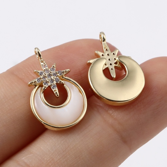 Picture of Shell & Copper Galaxy Charms Half Moon 18K Real Gold Plated White Star Clear Rhinestone 18mm x 11mm, 1 Piece